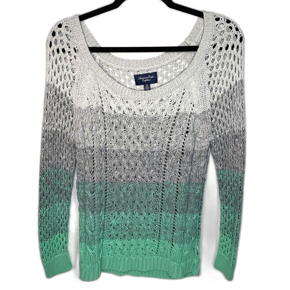 American Eagle Women Sweater Gray Green Ombre Open Cable Knit Cotton Medium - Picture 1 of 9